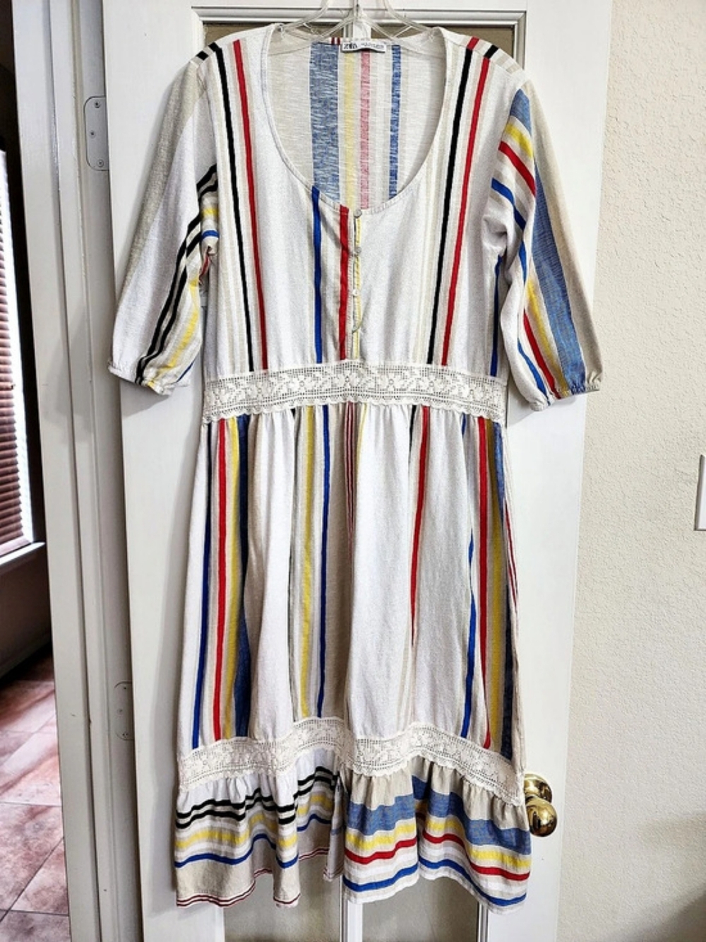 Zara Multicolor Striped Lace Trim Tiered Midi Dress M READ DESCRIPTION